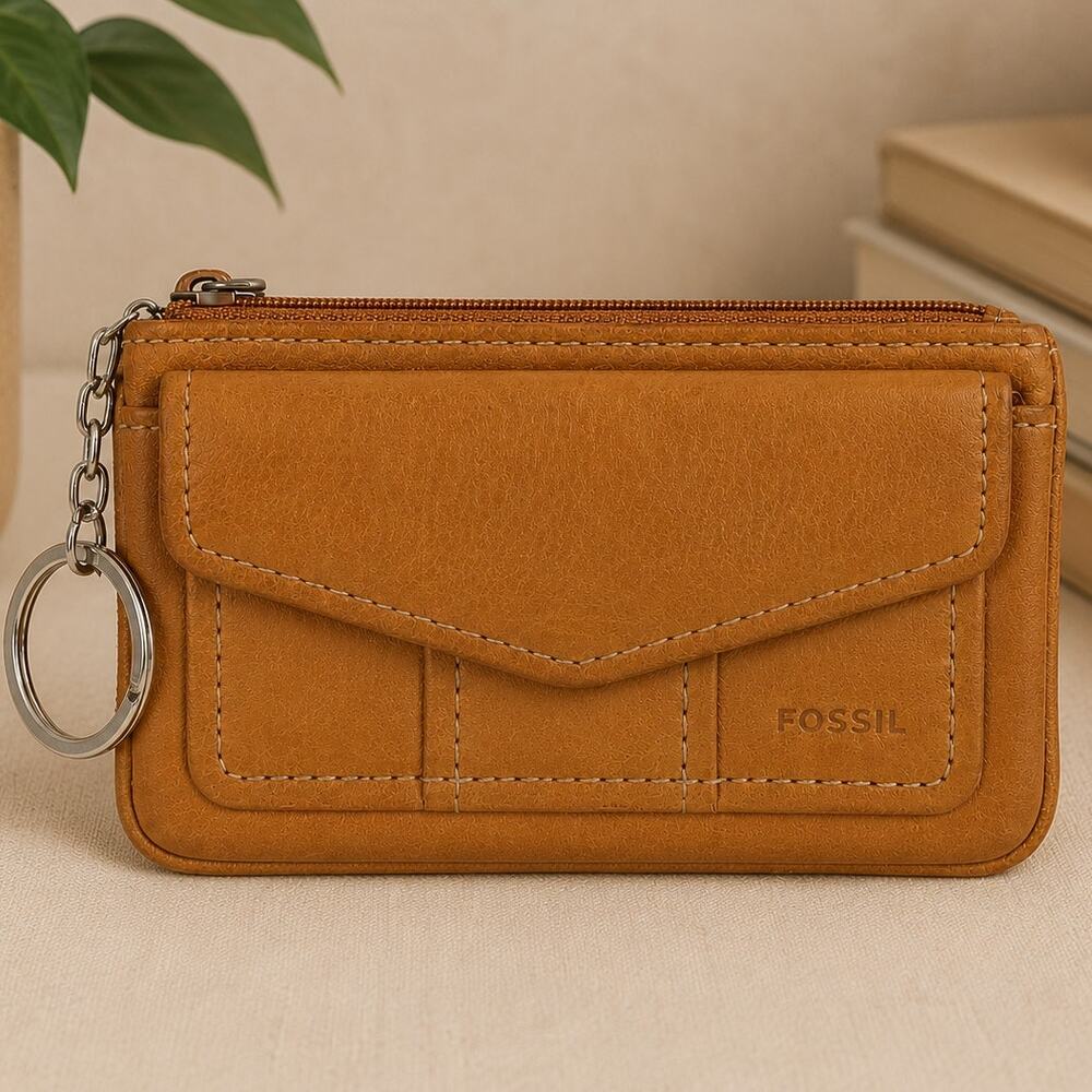 Fossil Small Keychain Wallet Brown Leather Zip Coin Card Holder Compact
